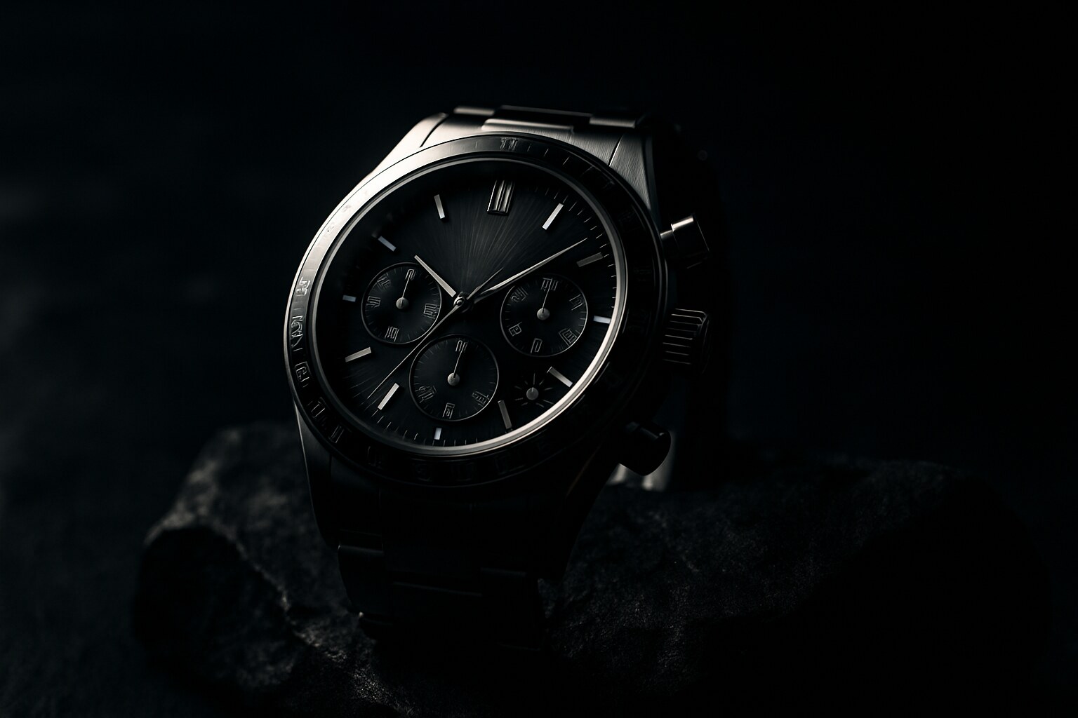 Steel chronograph watch on dark stone under a narrow rim light, a dark cinematic commercial concept frame