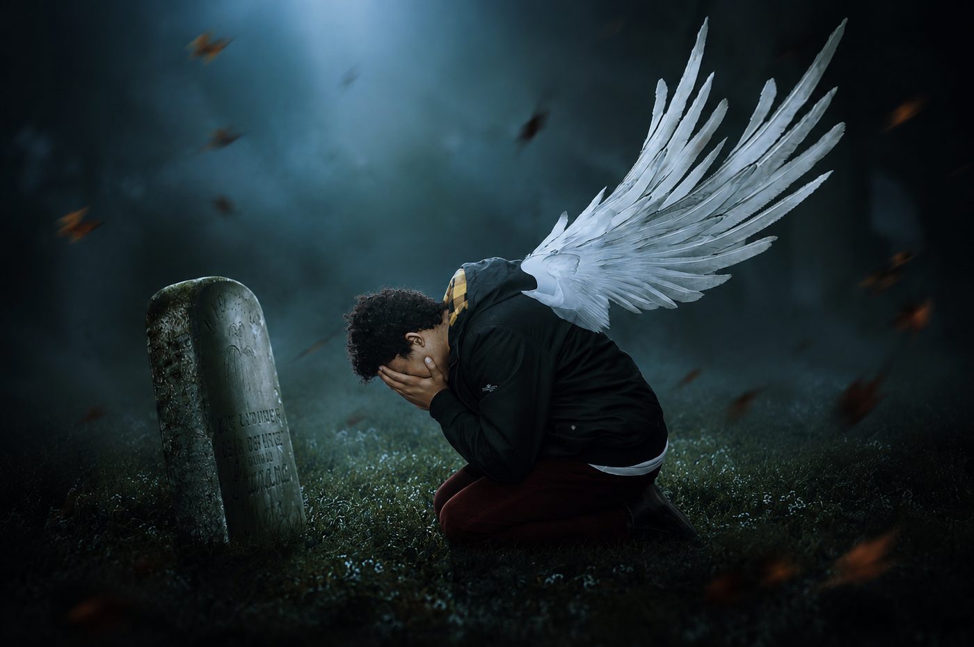 Cinematic drama composite of a winged figure kneeling beside a weathered gravestone in a misty blue forest as autumn leaves drift past