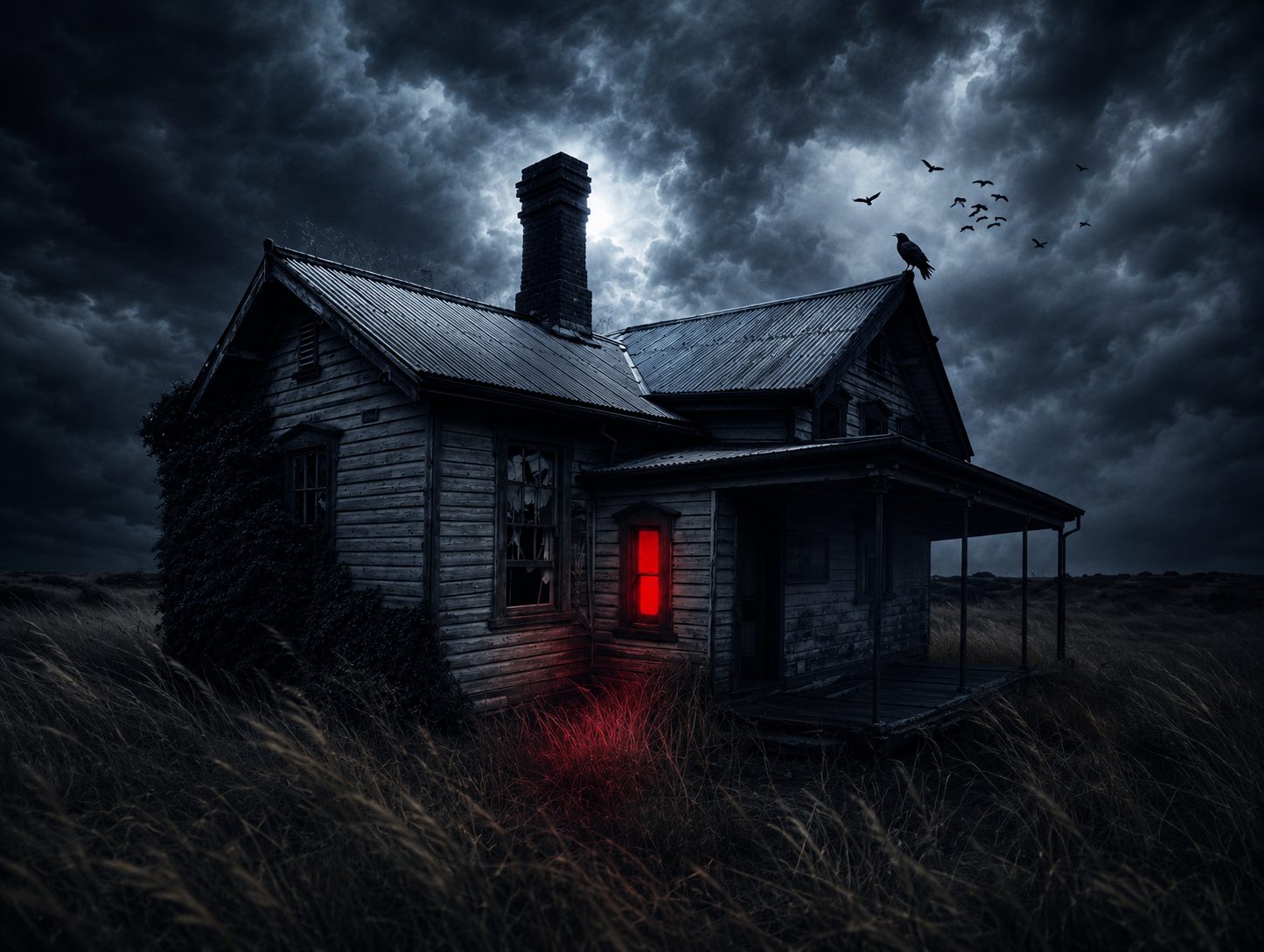 Drama shot of an abandoned timber house in tall grass beneath heavy storm clouds, a single red-lit doorway glowing and a crow perched on the roof