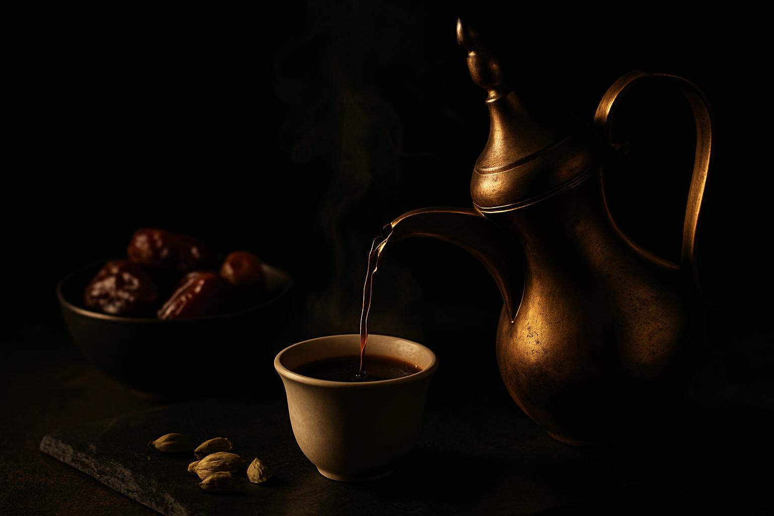 AI-generated frame of a brass dallah pouring Arabic coffee into a small finjan cup beside dates and cardamom pods on black slate, steam catching warm rim light