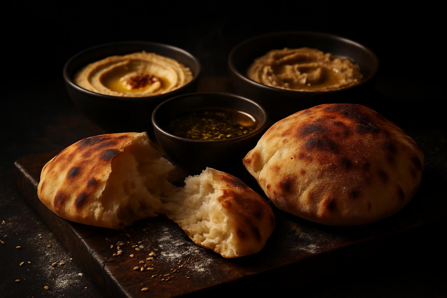 AI-generated frame of torn Egyptian baladi flatbread beside dark bowls of hummus and baba ganoush with olive oil and za'atar on a charred wooden board