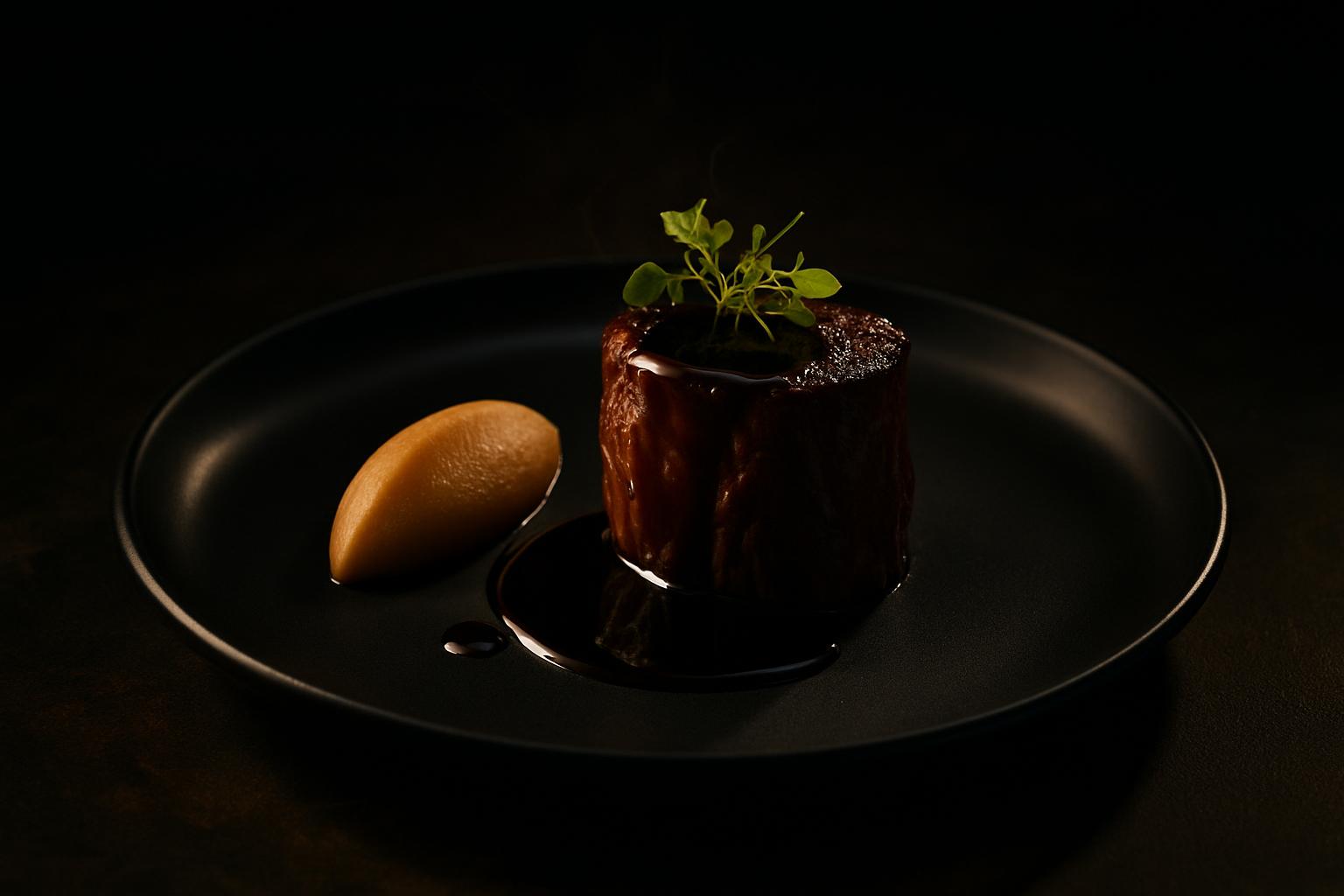 AI-generated frame of a fine dining plated fillet with glossy dark reduction, micro herbs and a puree quenelle on a matte black plate under a single overhead pool of light