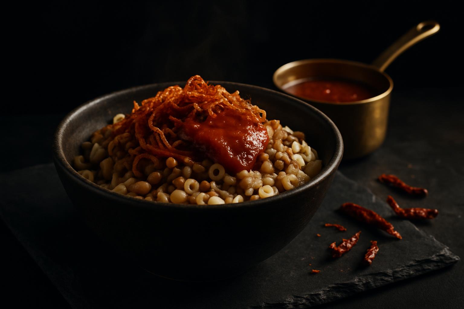 AI-generated frame of Egyptian koshari layered in a dark ceramic bowl with crisp fried onions and tomato sauce, on black slate beside a small brass pot