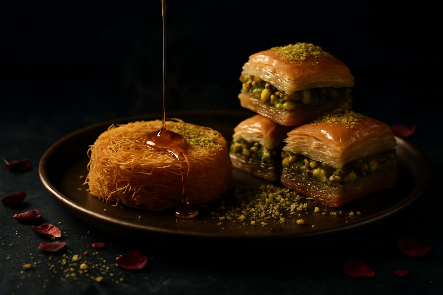 Golden kunafa and pistachio baklava on a dark brass tray with honey syrup drizzling, shot as dark cinematic editorial food photography