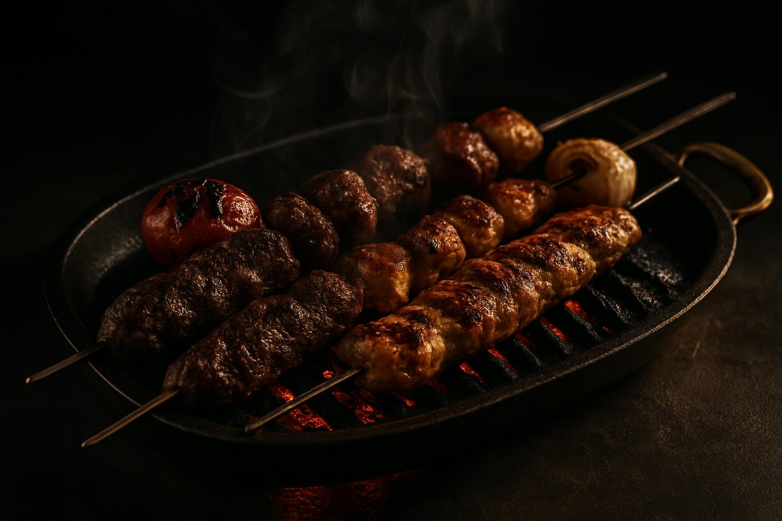 AI-generated frame of a Middle Eastern mixed grill of lamb kofta and chicken skewers on blackened cast iron with ember glow and rising smoke