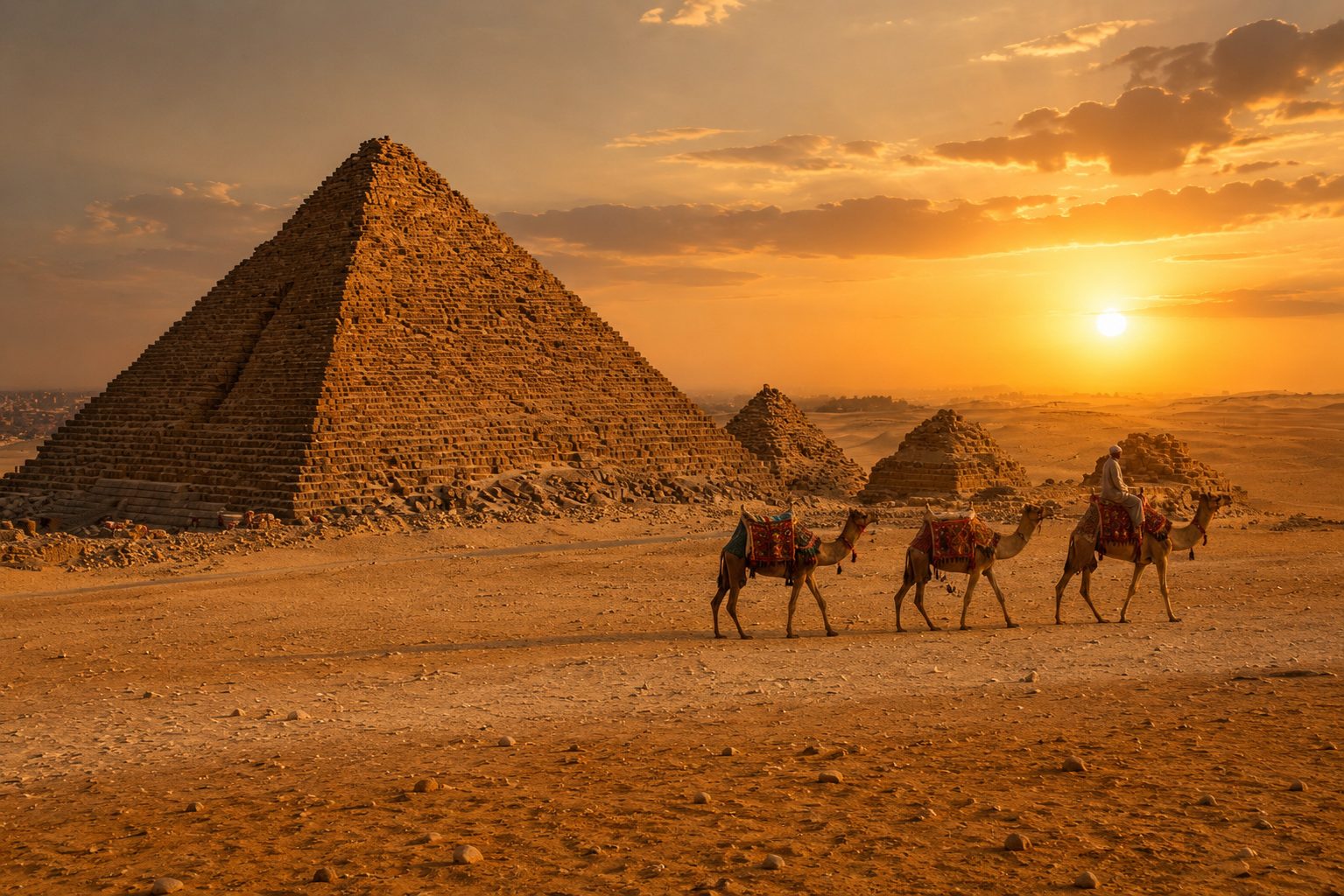 A camel caravan crossing the Giza desert at sunset in front of the pyramids, with a rider leading three decorated camels across golden sand