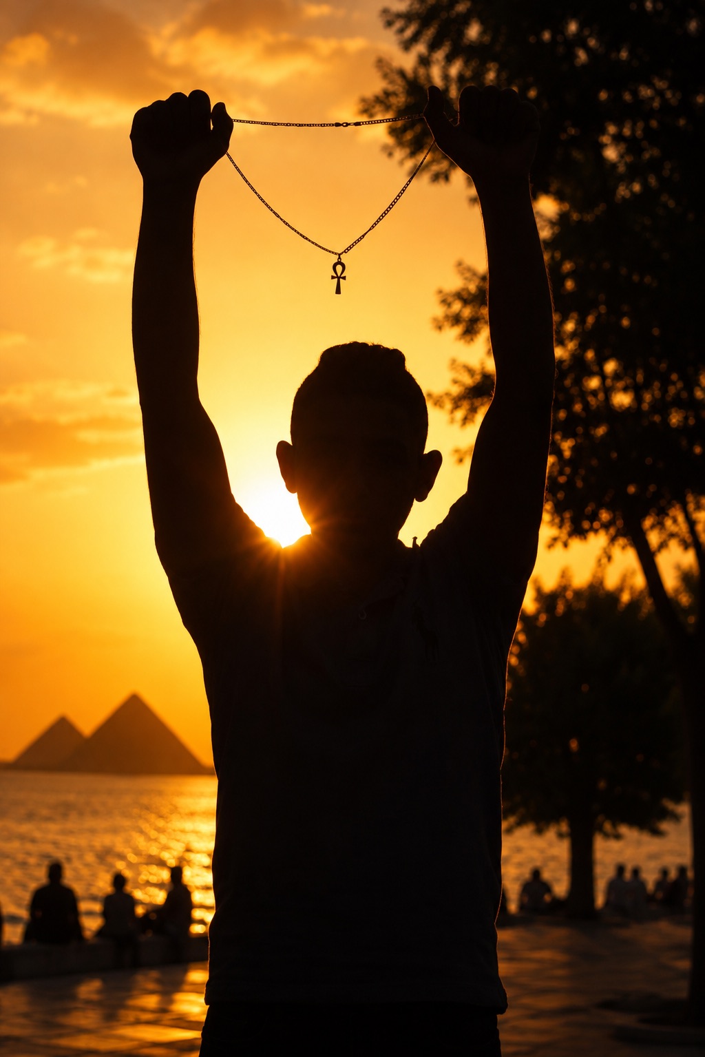 Silhouetted figure holding up an ankh pendant on a chain against a blazing orange sunset, with the Giza pyramids and the Nile visible behind