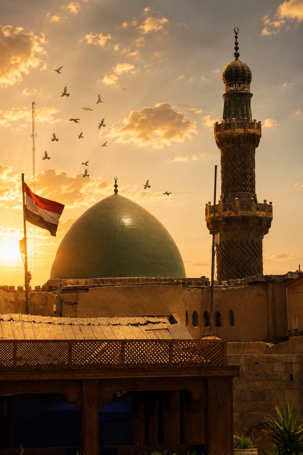 Green tiled mosque dome and a carved stone minaret at sunset, with the Egyptian flag flying beside them and a flock of birds crossing the golden sky