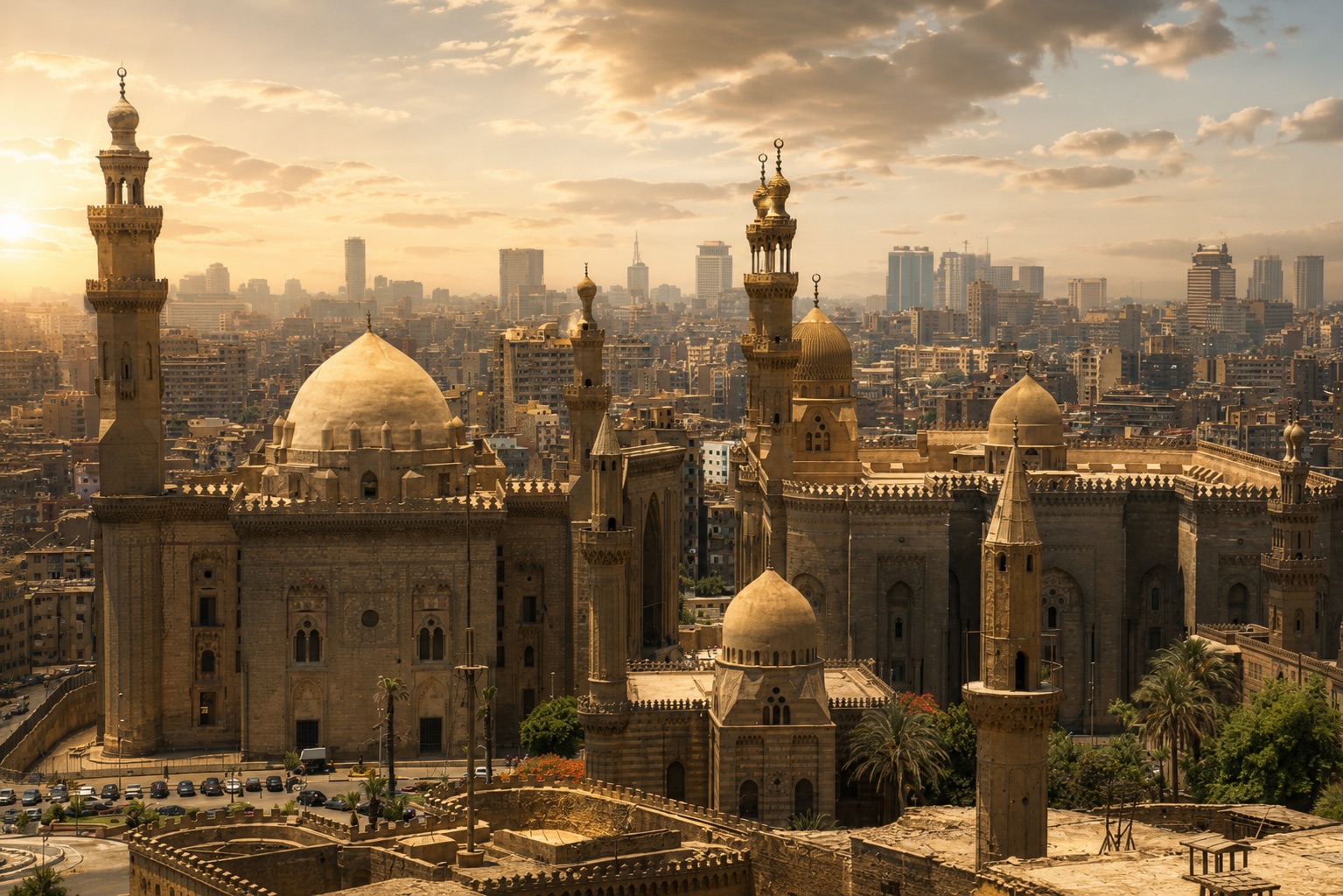 Elevated view over historic Cairo at sunset, the domes and minarets of the Sultan Hassan and Al-Rifai mosques rising in golden light against the modern city skyline
