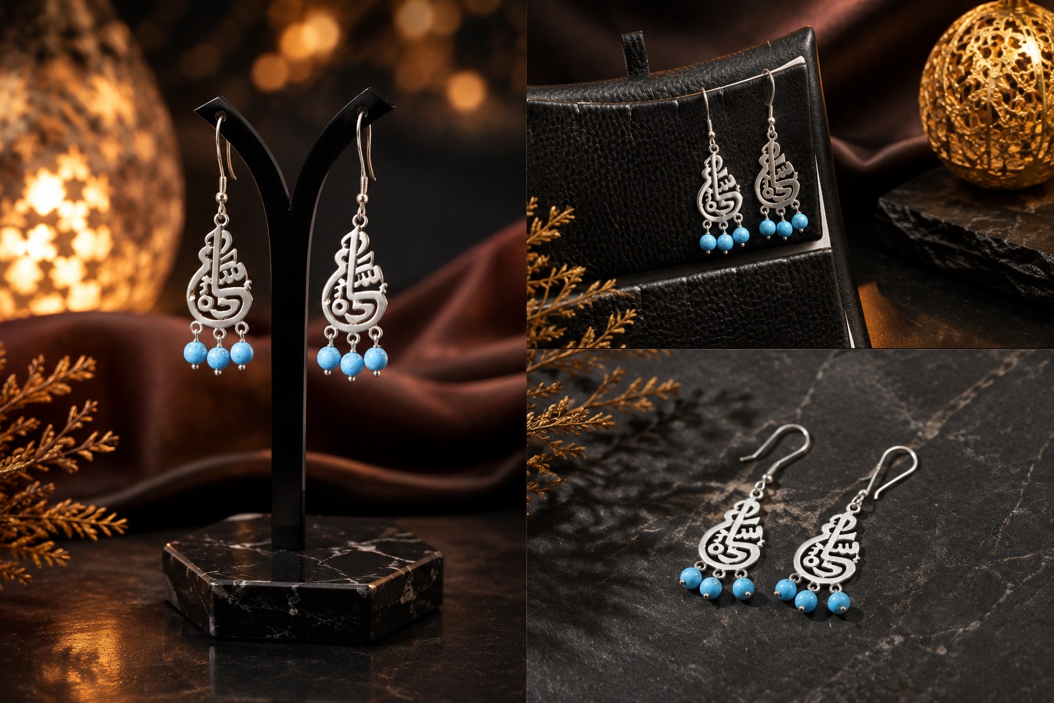 Silver drop earrings shaped from Arabic calligraphy with three turquoise beads hanging beneath each, shown on a marble stand, black leather and veined dark stone