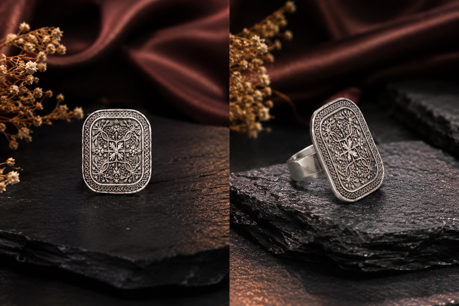 Rectangular silver ring engraved with a dense floral and beaded border pattern, shown face-on and in profile on raw black slate with dried blooms and burgundy satin