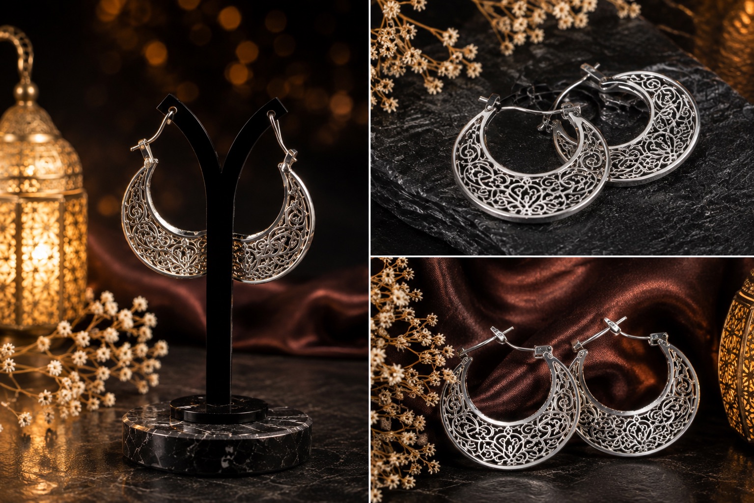 Ornate silver filigree crescent hoop earrings on a black display stand beside a glowing brass lantern, with further views on black slate and deep brown satin