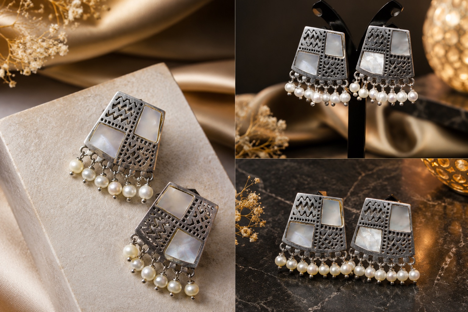 Oxidised silver earrings inlaid with mother-of-pearl panels and hung with rows of pearl drops, photographed on pale stone, champagne satin and dark marble