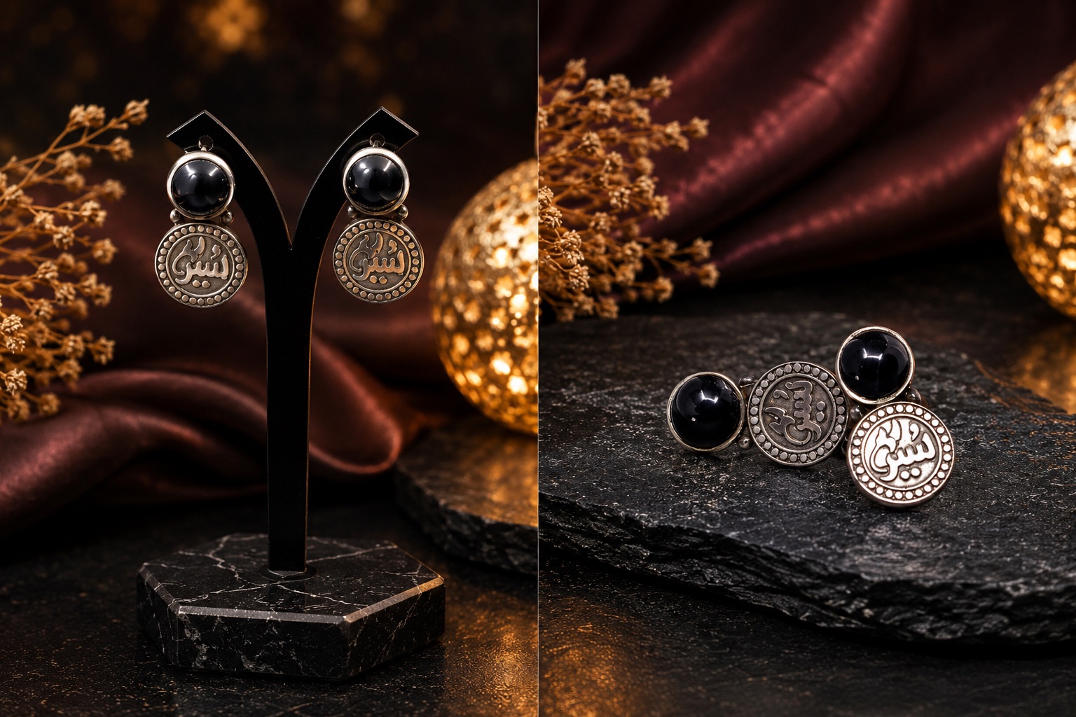 Silver earrings pairing a domed black onyx cabochon with a beaded medallion engraved in Arabic calligraphy, on a marble stand and on black slate beside a glowing pierced lamp