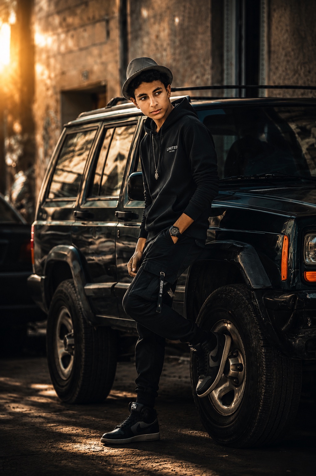 Young man in a black hoodie and hat leaning against a black off-road vehicle in a narrow alley, warm sunset light raking across the wall behind him