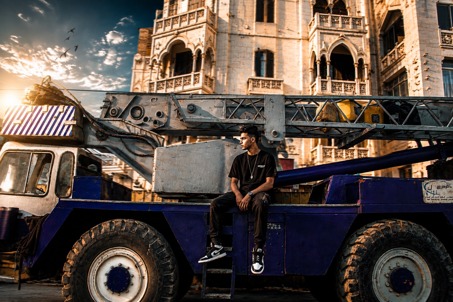 Young man in black sitting on the deck of a blue mobile crane at sunset, an ornate carved heritage building rising behind him as birds cross the sky