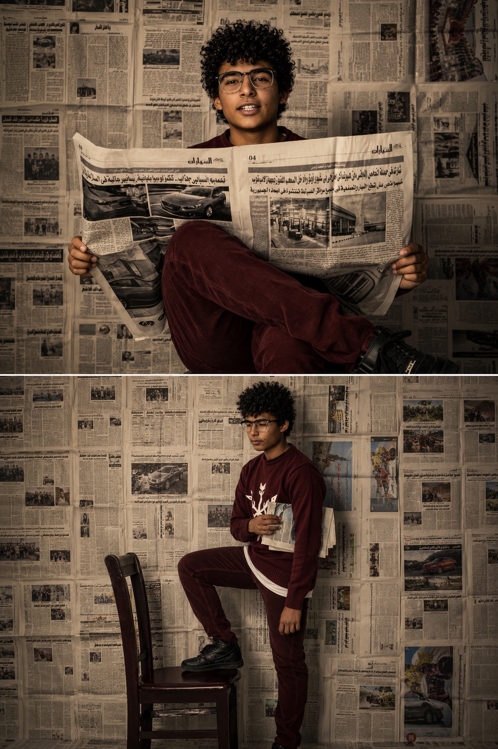 Two-panel portrait of a young man in a burgundy outfit and glasses reading and holding Arabic newspapers, against a wall papered entirely with newsprint