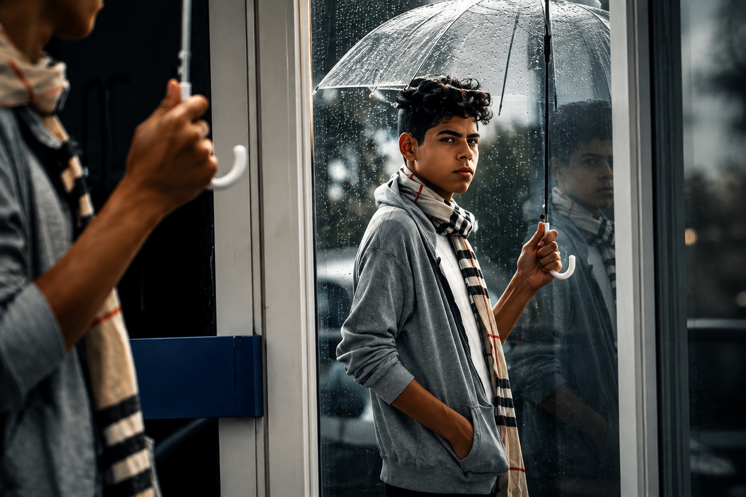 Young man in a grey hoodie and checked scarf holding a clear umbrella beside a rain-streaked glass door, his reflection doubled in the panels