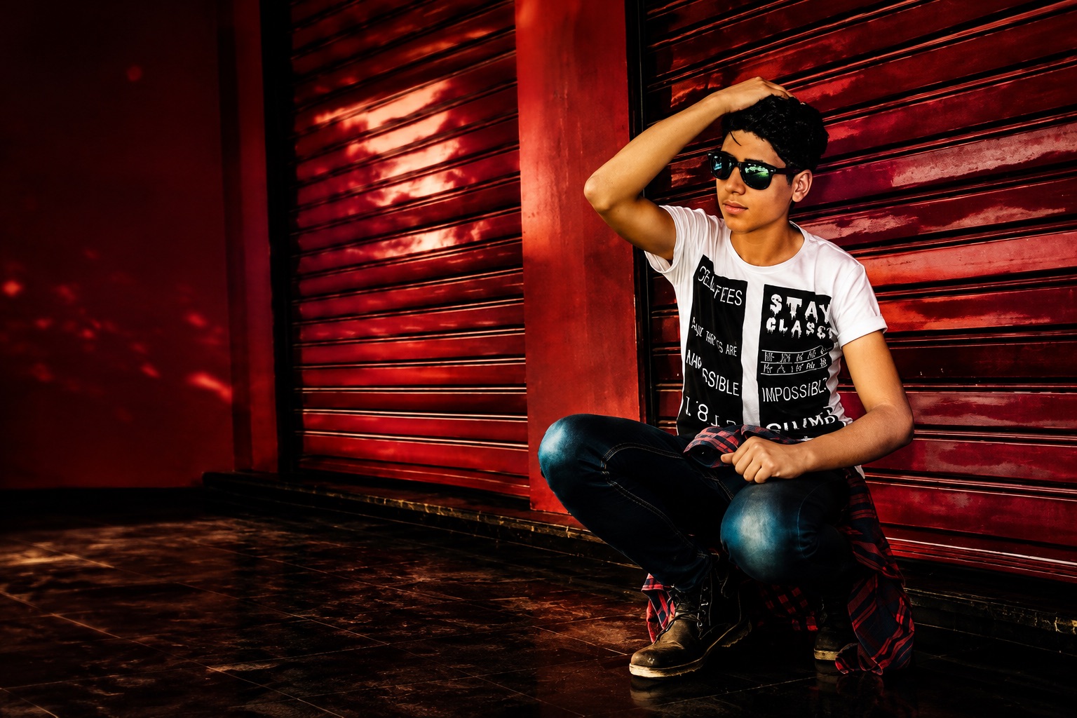 Young man in sunglasses and a printed white t-shirt crouching against a bright red metal shutter, one hand raised to his hair