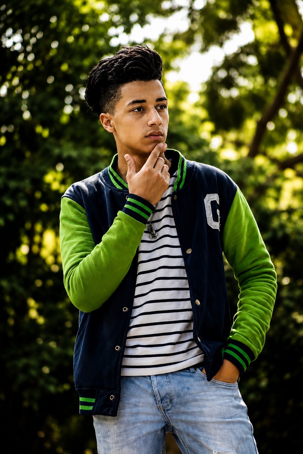 Young man in a navy and green varsity jacket over a striped shirt standing in a park, hand raised to his chin, dappled green foliage blurred behind him