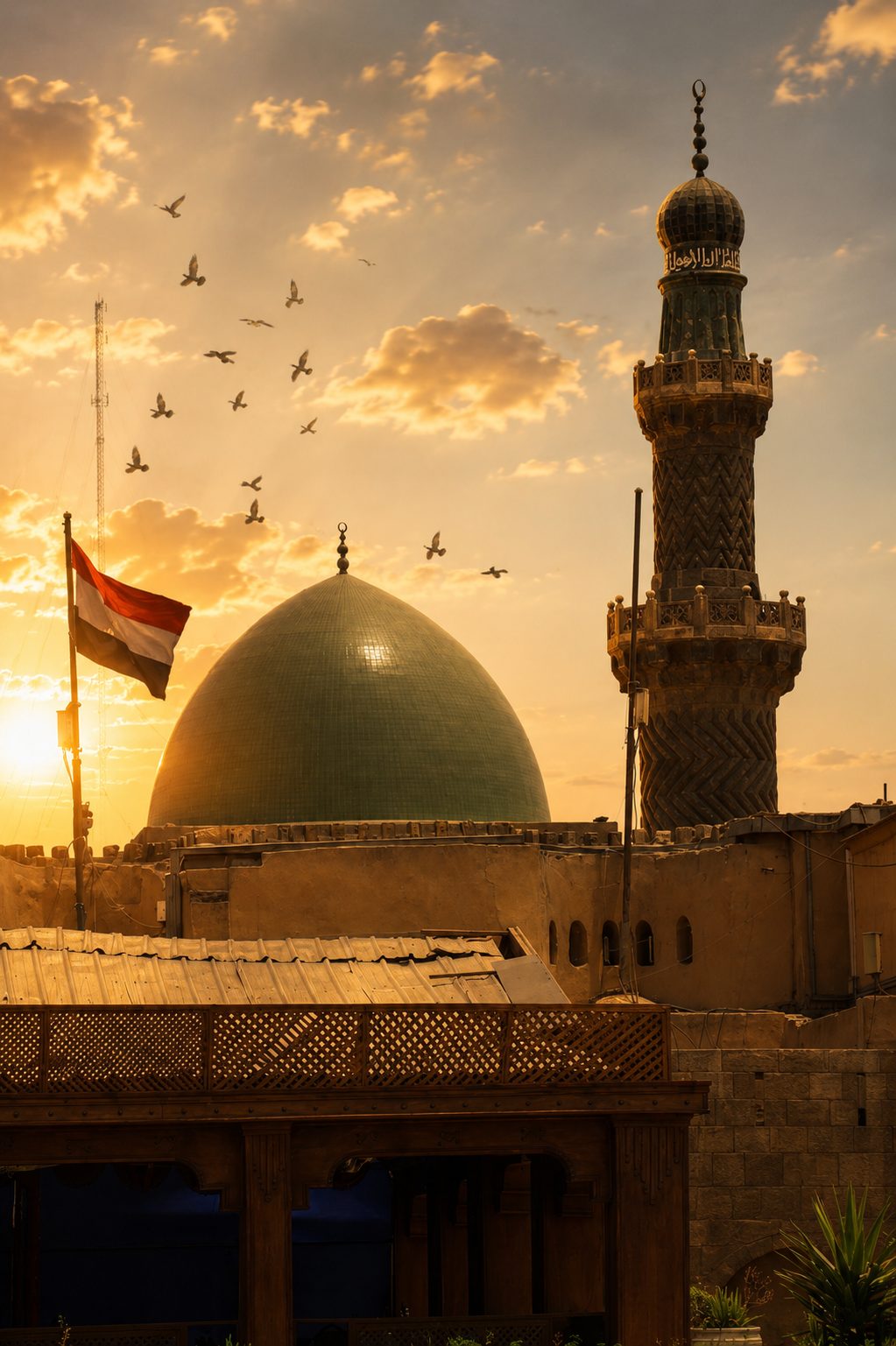 Historic mosque with a green tiled dome and an ornate carved minaret silhouetted against a golden sunset sky as birds fly overhead