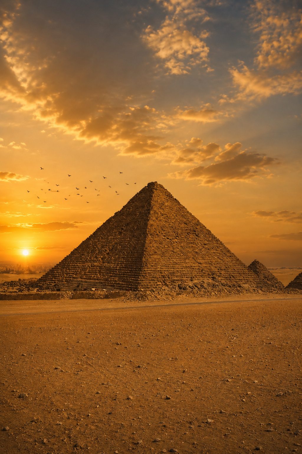A pyramid of Giza standing over open desert sand at sunset, with a flock of birds crossing a sky of amber clouds