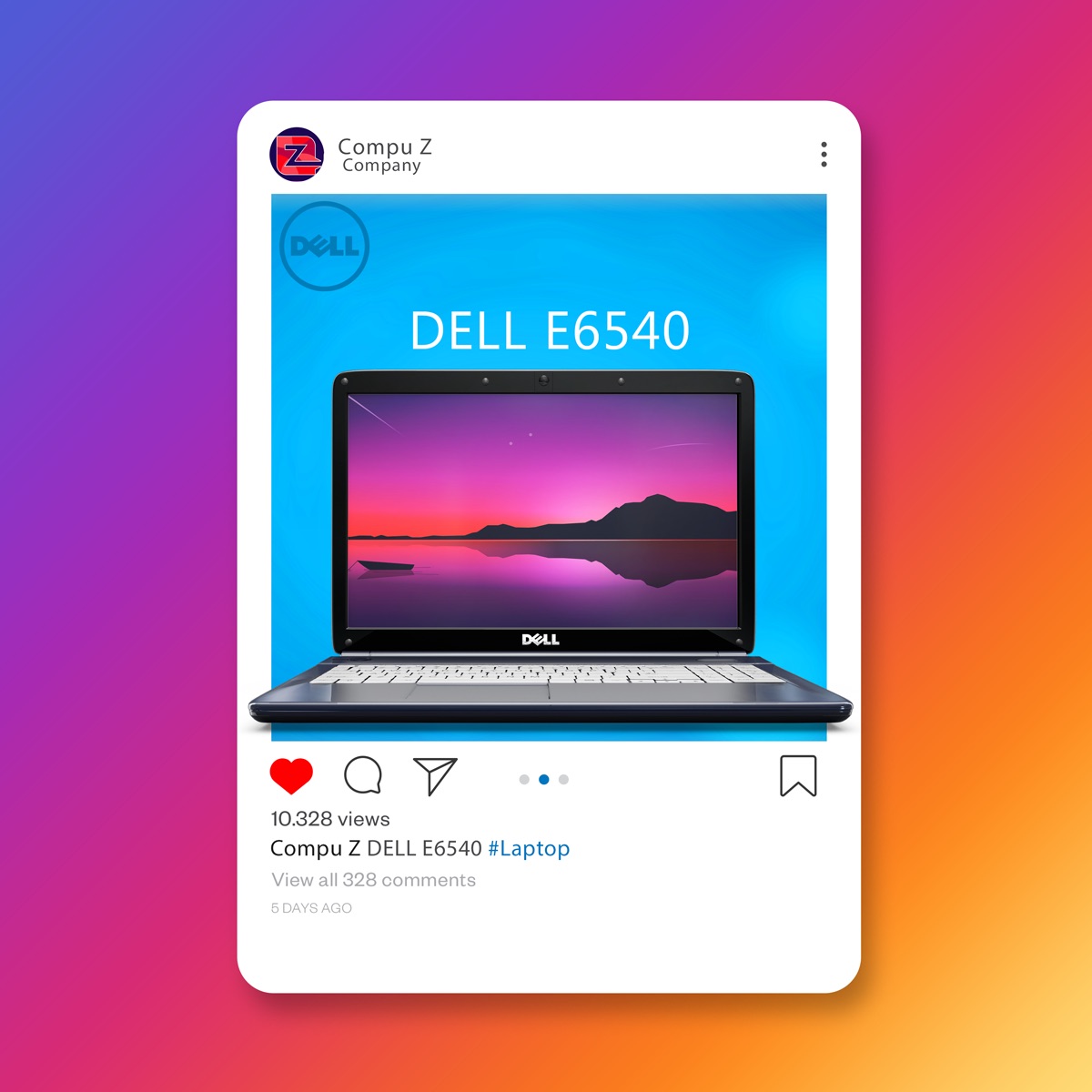 Square social media advert laying out a Dell laptop offer with price and specification callouts on a dark branded background