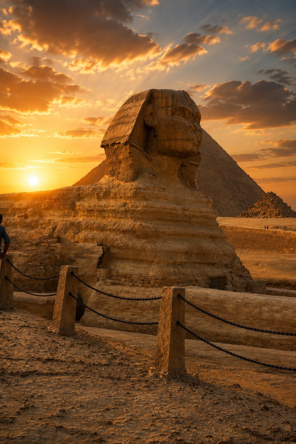 The Great Sphinx of Giza in profile at sunrise, with the pyramid of Khafre rising behind it under a dramatic orange and blue sky